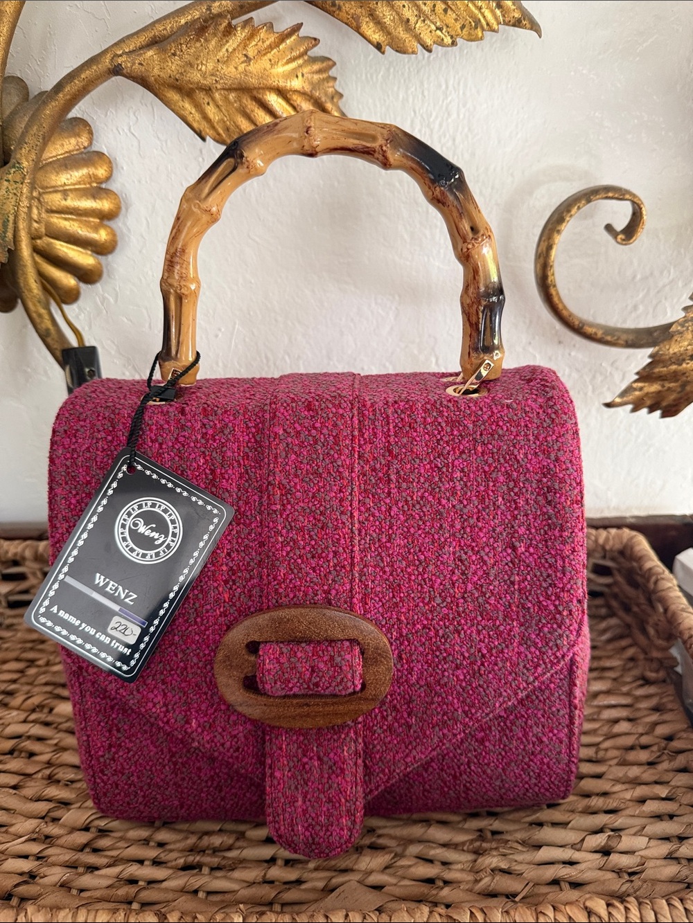 WEN Raspberry Pink Tweed Mini Top-Handle Bag with Bamboo Handle